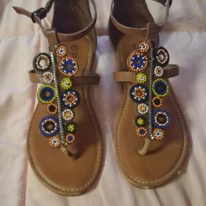 Rouge Helium Brown T‑Strap Sandals with Blue, Orange & Yellow Bead Accents